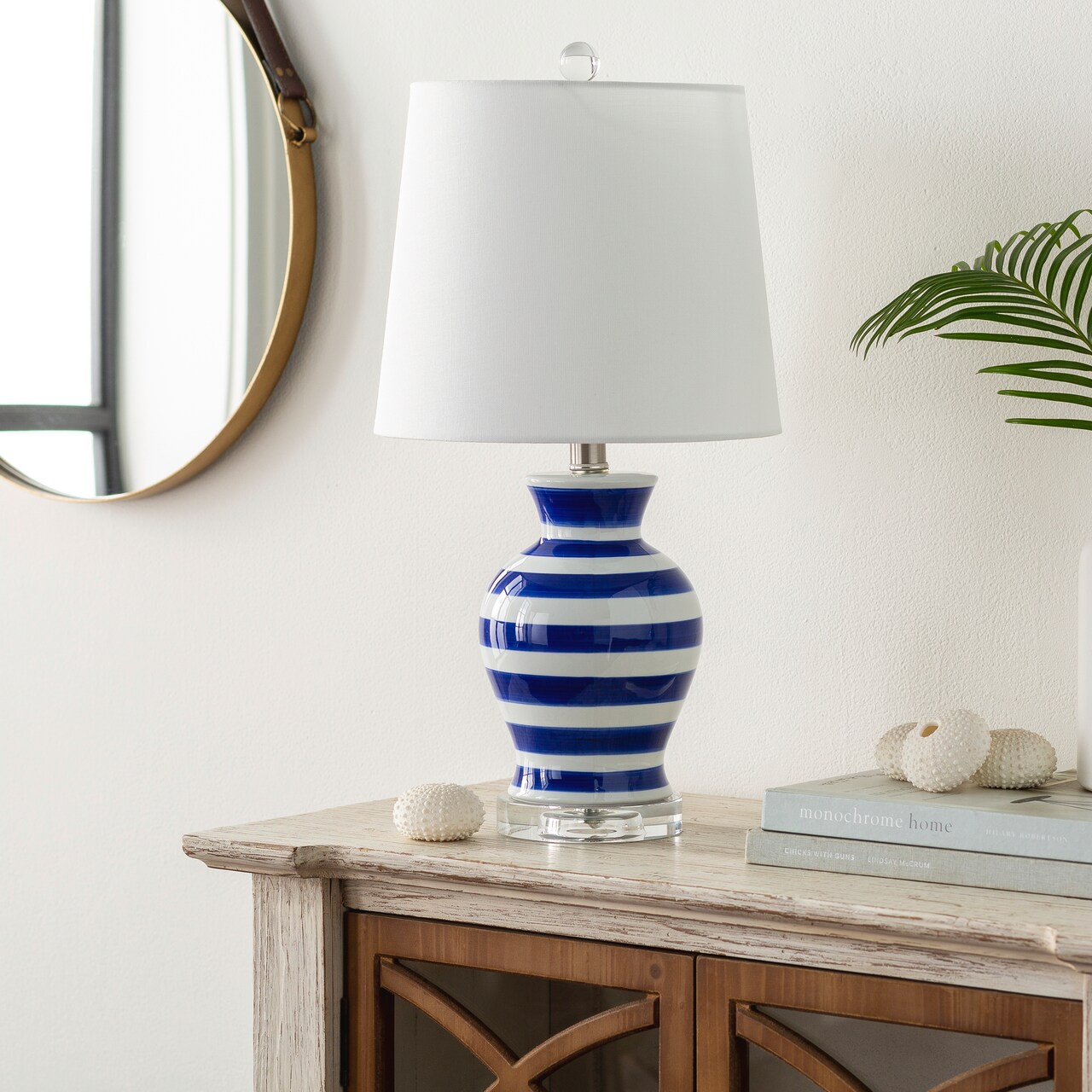 Tiwari Home 21" Blue Glazed Striped Table Lamp with White Drum Shade